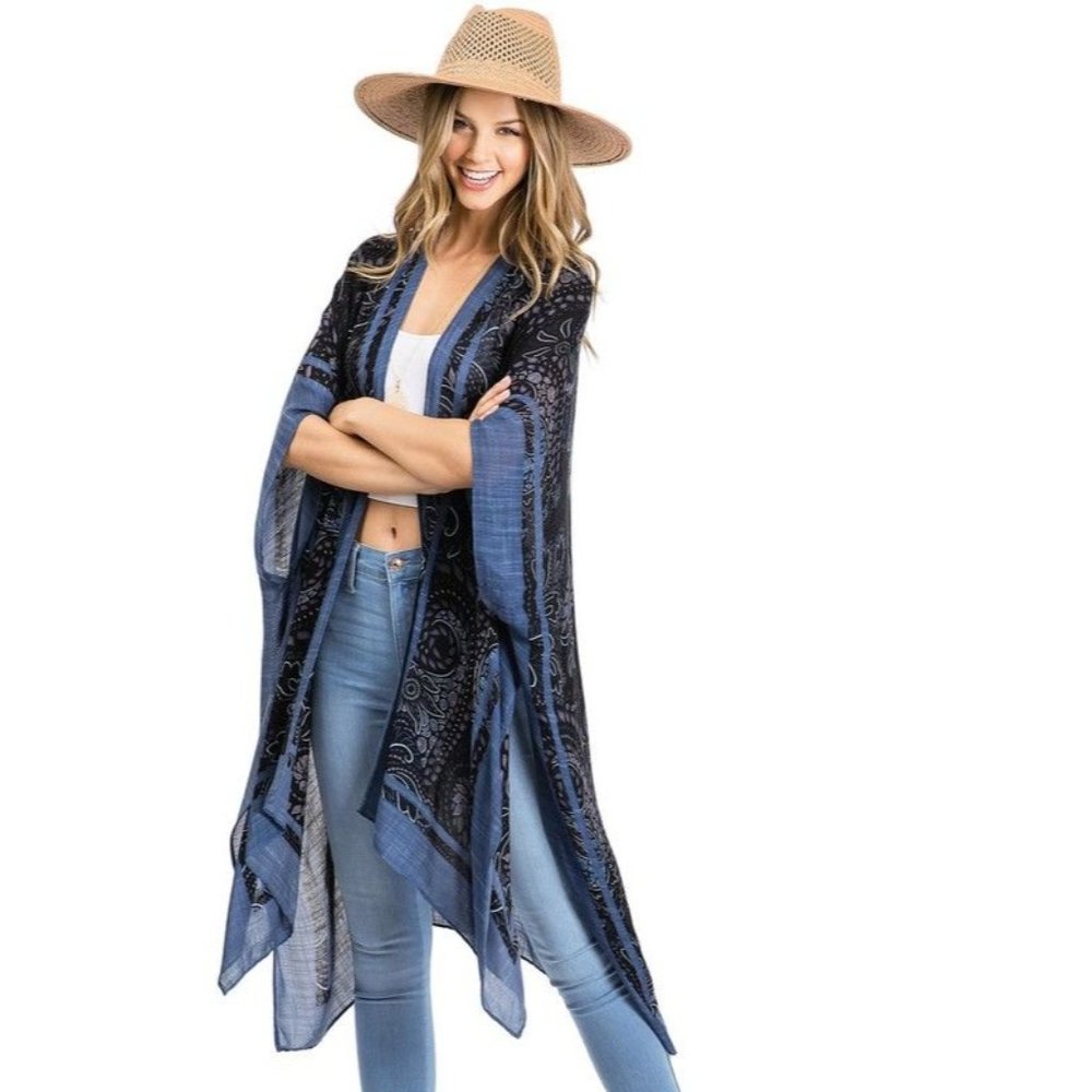 Boho Printed Blue and Black Kimono Cardigan